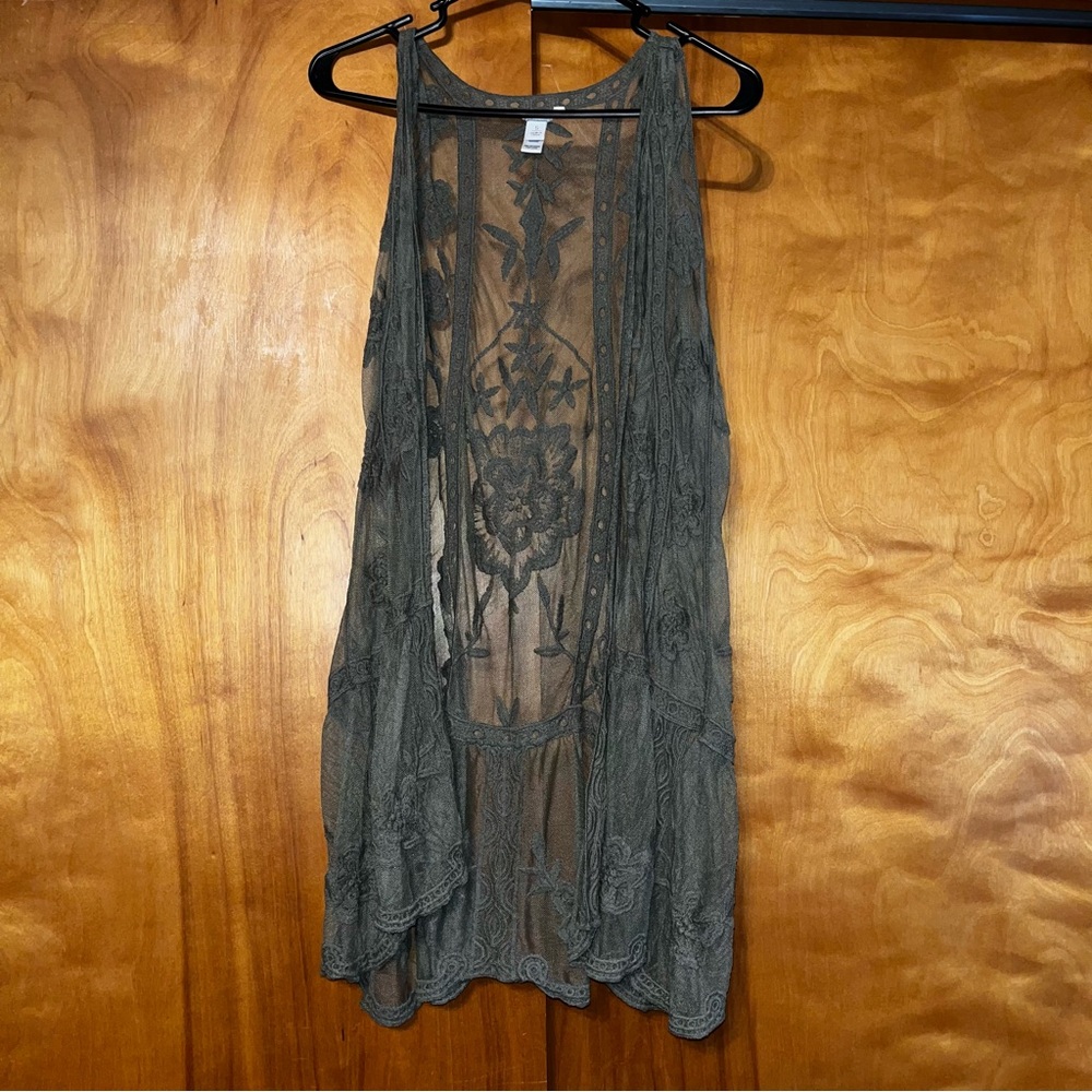 Green Sheer Lace Sleeveless Duster